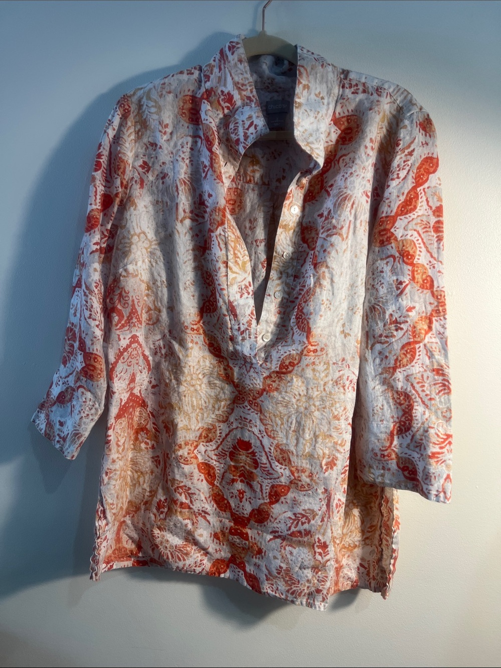 Chico's White Button-Down Shirt with Orange and Tan Paisley Print